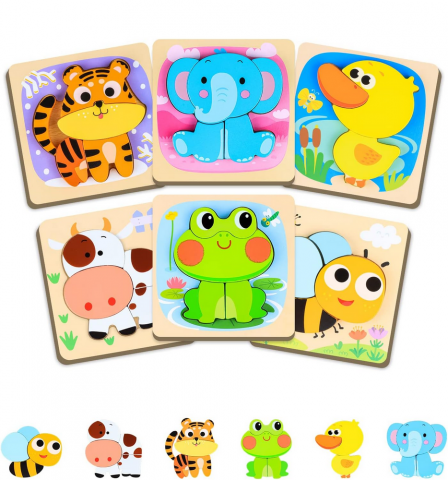 Jucării & Jocuri - Puzzle din lemn Kizmyee - 6 piese cu animale, Jucarie educativa Montessori pentru copii 2-4 ani