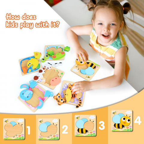 Puzzle din lemn Kizmyee - 6 piese cu animale, Jucarie educativa Montessori pentru copii 2-4 ani [4]