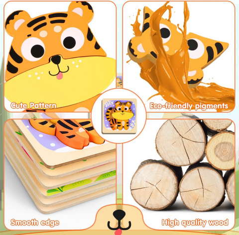 Puzzle din lemn Kizmyee - 6 piese cu animale, Jucarie educativa Montessori pentru copii 2-4 ani [2]
