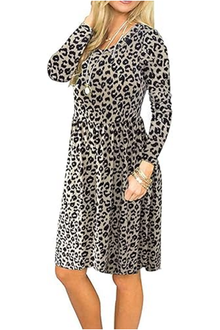 Îmbrăcăminte & Încălțăminte - Rochie casual de vara cu maneci lungi,  lejeră, AUSELILY, imprimeu leopard, marime S, U4Z4T