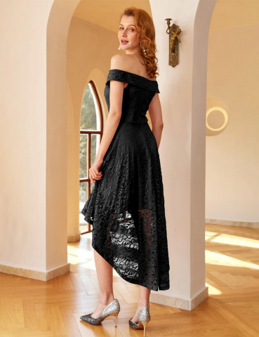Rochie cocktail Homrain, eleganta, din dantela cu model floral, umeri goi, negru [3]