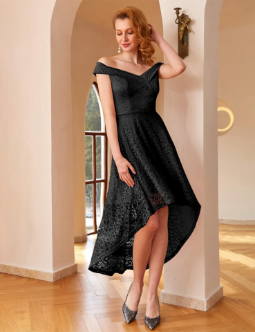 Rochie cocktail Homrain, eleganta, din dantela cu model floral, umeri goi, negru [2]