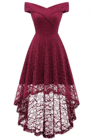 Îmbrăcăminte & Încălțăminte - Rochie cocktail Homrain, eleganta, din dantela cu model floral, umeri goi, visiniu, marime M