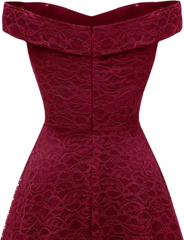 Rochie cocktail Homrain, eleganta, din dantela cu model floral, umeri goi, visiniu, marime M [4]