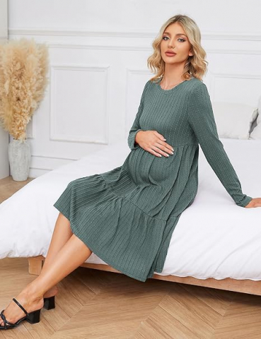 Rochie de Maternitate pentru Femei din Tricot Rib Knit, cu Decolteu Rotund, MAVIS LAVEN [3]
