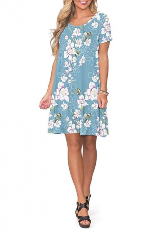 Rochie de vara casual pentru femei, WNEEDU, model floral albastru deschis, cu maneca scurta, marime S [4]