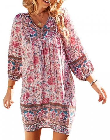 Îmbrăcăminte & Încălțăminte - Rochie eleganta de vara pentru femei, stil boho, decolteu in V, imprimeu floral, maneca 3/4, mini-rochie casual, Bellezasourire, roz, marime M