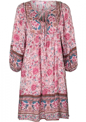 Rochie eleganta de vara pentru femei, stil boho, decolteu in V, imprimeu floral, maneca 3/4, mini-rochie casual, Bellezasourire, roz, marime M [3]