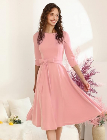 Îmbrăcăminte & Încălțăminte - Rochie Elegantă Dresstells pentru Femei – Stil Vintage, Croială A-Line, Mâneci 3/4, Rochie de Ocazie pentru Nuntă sau Evenimente Speciale – Culoare Blush, Mărimea L (Bust 99 cm / Talie 80 cm)