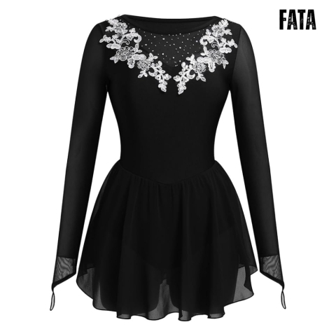 Rochie patinaj artistic dans sportiv negru maneca lunga strasuri flori fusta sifon plasa [2]