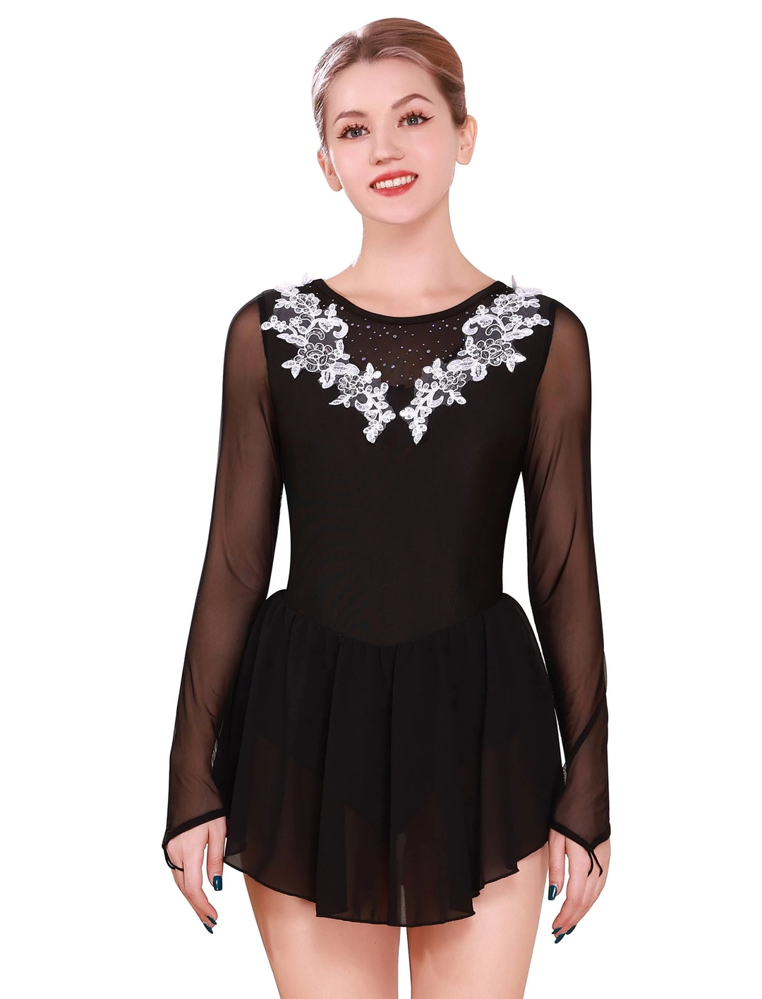 Costume Halloween - Rochie patinaj artistic dans sportiv negru maneca lunga strasuri flori fusta sifon plasa