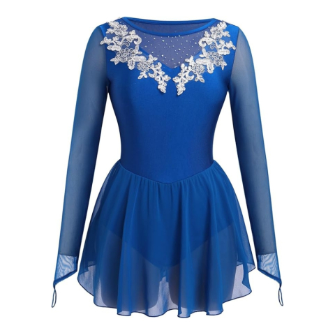 Costume Carnaval - Rochie femei, marime XS, Patinaj artistic si dans sportiv, maneca lunga, strasuri si flori decorative, fusta din sifon plasa, Albastru
