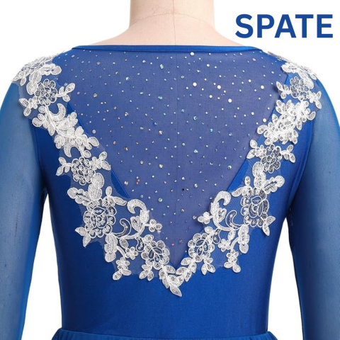 Rochie femei, marime XS, Patinaj artistic si dans sportiv, maneca lunga, strasuri si flori decorative, fusta din sifon plasa, Albastru [3]