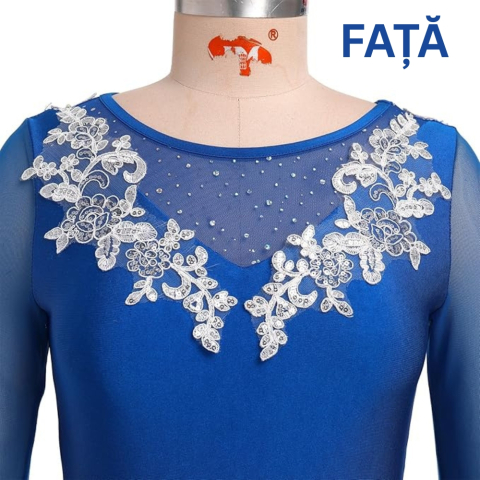 Rochie femei, marime XS, Patinaj artistic si dans sportiv, maneca lunga, strasuri si flori decorative, fusta din sifon plasa, Albastru [2]