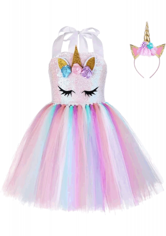 Rochie Unicorn pentru Fete cu Paiete Bentita Costum Printesa pentru Carnaval si Halloween