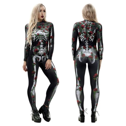Costume Halloween - Salopeta Halloween, XL, Elastica, Schelet cu Trandafiri, Efect 3D si Realist, pentru Adulti