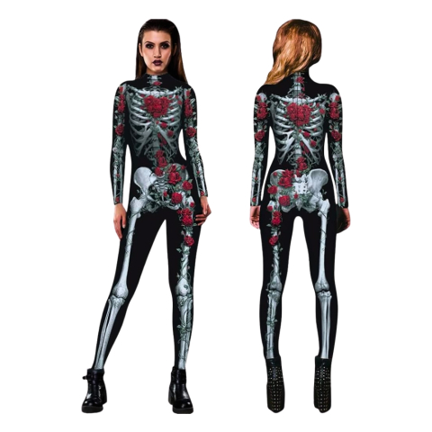Costume Halloween - Salopeta Halloween, XL, Elastica, Schelet cu Trandafiri, Efect 3D si Realist, pentru Adulti