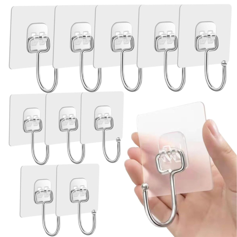 Decorațiuni Casă & Textile - Set 10 cuiere transparente cu adeziv fara gauri in pereti, rezistente la apa pentru baie si bucatarie