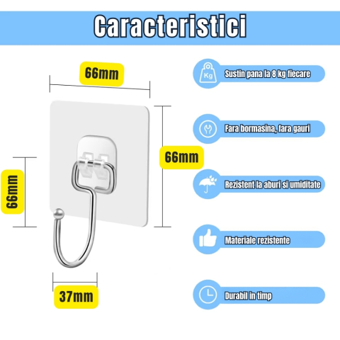 Set 10 cuiere transparente cu adeziv fara gauri in pereti, rezistente la apa pentru baie si bucatarie [4]