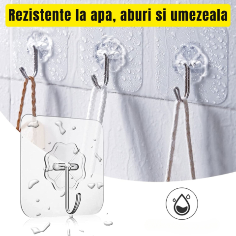Set 10 carlige transparente cu adeziv fara gauri in pereti, rezistente la apa pentru baie si bucatarie [4]
