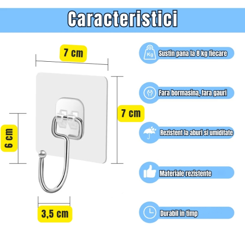Set 6 cuiere transparente cu adeziv fara gauri in pereti, rezistente la apa pentru baie si bucatarie [5]