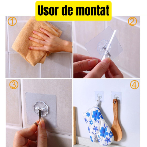 Set 10 carlige transparente cu adeziv fara gauri in pereti, rezistente la apa pentru baie si bucatarie [6]