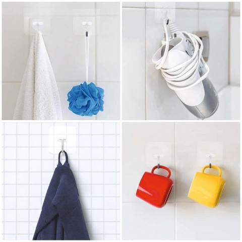 Set 10 carlige transparente cu adeziv fara gauri in pereti, rezistente la apa pentru baie si bucatarie [2]