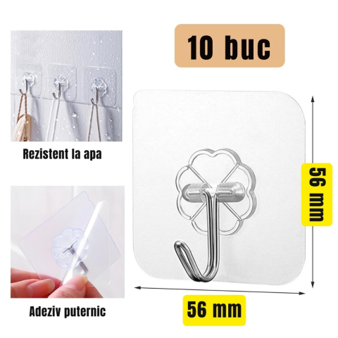Set 10 carlige transparente cu adeziv fara gauri in pereti, rezistente la apa pentru baie si bucatarie [7]