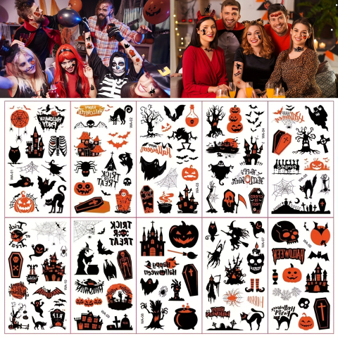 Costume Carnaval - Set 10 foi tatuaje temporare Halloween activare cu apa modele infricosatoare