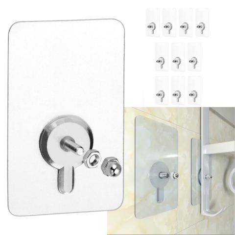 Set 10 suruburi cu banda adeziva transparenta 8x5 cm fara gauri in pereti rezistente la umezeala