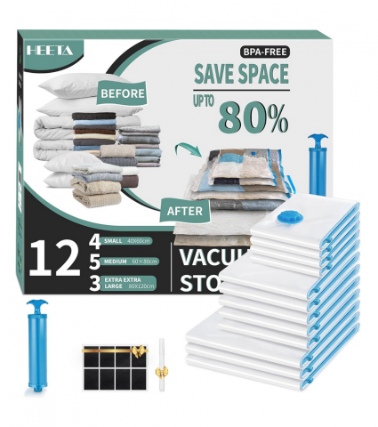 Casă, Grădină & Bricolaj - Set 12 saci vidat, Reutilizabili, Economisesti Pana la 80% Spatiu, HEETA, 4 mici, 5 medii, 3 mari si pompa