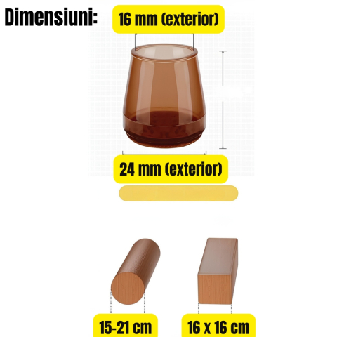 Set 16 protectii picioare scaun silicon cu pasla maro Ø15-21 mm antizgomot si antizgariere [1]