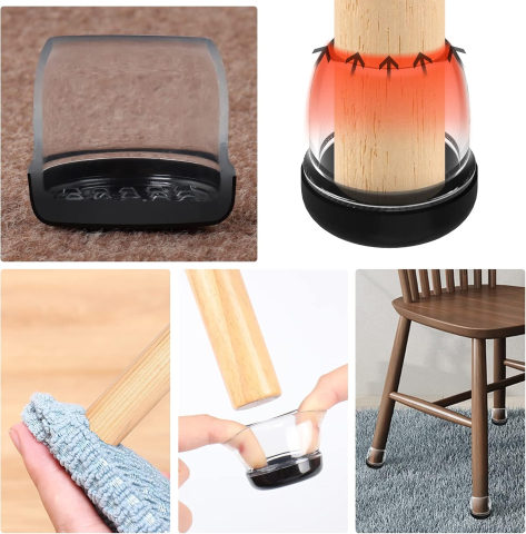 Set 16 protectii picioare scaun Ø28-36 mm, rotunde, Negru + Transparent, cu baza anti frecare pentru covor si mocheta [4]
