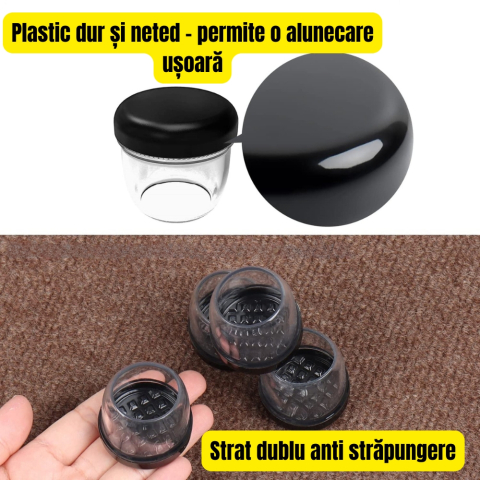 Set 16 protectii picioare scaun Ø28-36 mm, rotunde, Negru + Transparent, cu baza anti frecare pentru covor si mocheta [5]