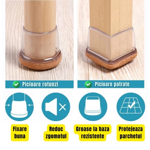 Set 16 Protectii picioare scaun, Patrate 23-28mm cu Pasla, capace transparente anti-zgariere pentru parchet [3]