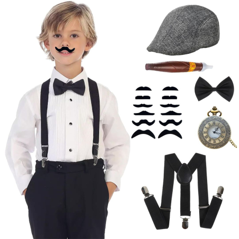 Costume Carnaval - Set 17 Accesorii Stil Gatsby Anii '20 pentru Copii, Sapca, Bretele, Papion, Ceas Buzunar, Mustati, Trabuc si Accesorii Vintage, Negru