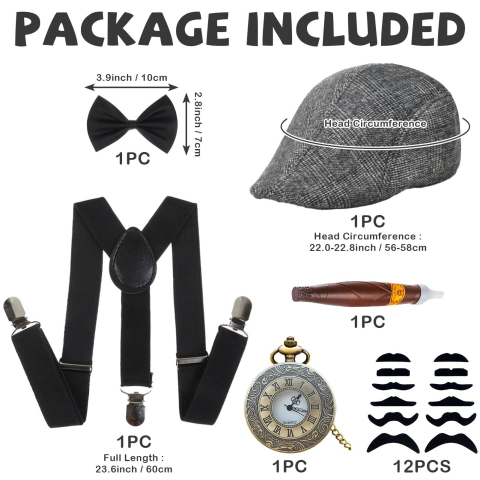 Set 17 Accesorii Stil Gatsby Anii '20 pentru Copii, Sapca, Bretele, Papion, Ceas Buzunar, Mustati, Trabuc si Accesorii Vintage, Negru [4]