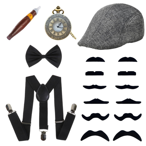Set 17 Accesorii Stil Gatsby Anii '20 pentru Copii, Sapca, Bretele, Papion, Ceas Buzunar, Mustati, Trabuc si Accesorii Vintage, Negru [1]