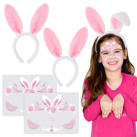 Costume Carnaval - Set 2 bentite urechi iepure plus alb roz cu 2 foi tatuaje faciale bunny costume
