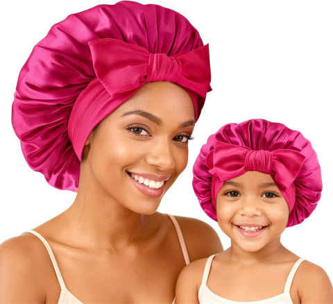 Îngrijire Personală & Cosmetice - Set doua bonete din satin roz pentru somn mama si copil.