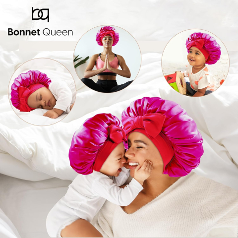 Set doua bonete din satin roz pentru somn mama si copil. [2]