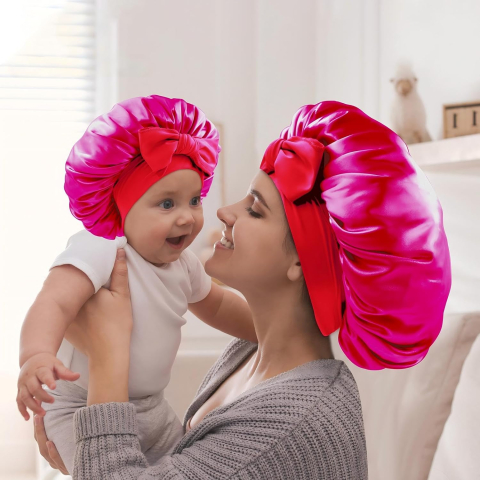 Set doua bonete din satin roz pentru somn mama si copil. [1]