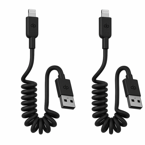 Accesorii Telefoane Mobile - Set 2 cabluri spiralate USB–Lightning 0.9 m, Apple MFi Certificat, Compatibil CarPlay, Încărcare Rapidă pentru iPhone, iPad, AirPods – Lungime Retractabilă 3ft / 90 cm, Marca Dé