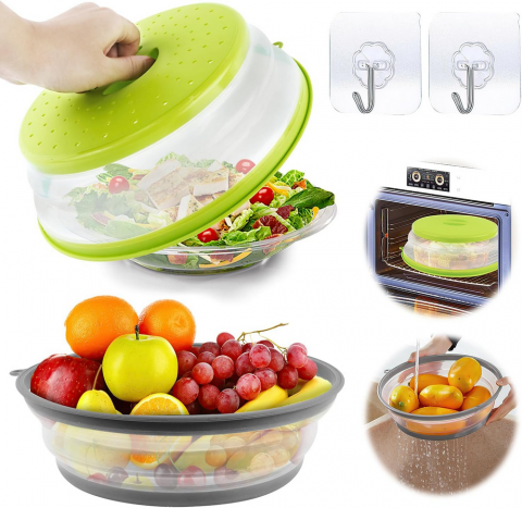 Casă, Grădină & Bricolaj - Set 2 Capace pliabile pentru cuptorul cu microunde, 26,5 cm, cu 2 carlige adezive, pentru fructe, legume si incalzire alimente