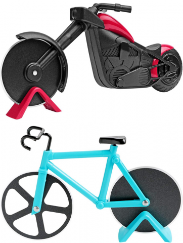 Casă, Grădină & Bricolaj - Set 2 Cuttere pentru pizza in forma de motocicleta si bicicleta, din otel inoxidabil si plastic, cu suport, design creativ