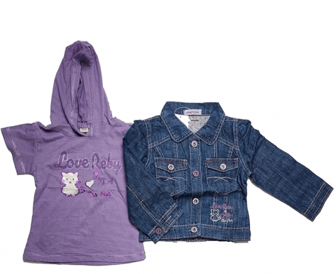 Îmbrăcăminte & Încălțăminte - Set 2 jachete si 2 tricouri pentru fetite, tricou cu gluga, jacheta din denim cu maneci lungi, din bumbac, cu buzunare, model pisicuta, violet, pentru 18-24 luni