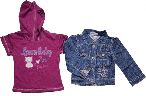 Set 2 jachete si 2 tricouri pentru fetite, tricou cu gluga, jacheta din denim cu maneci lungi, din bumbac, cu buzunare, model pisicuta, violet, pentru 18-24 luni [1]