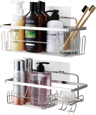 Casă, Grădină & Bricolaj - Set 2 organizatoare metalice de dus, Montare fără găuri cu adeziv, Homlynn, argintiu, 29 x 9 x 10 cm, GUAR