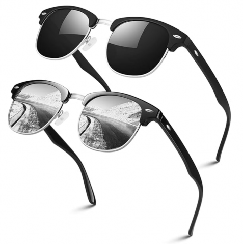 Îmbrăcăminte & Încălțăminte - Set 2 perechi Ochelari de soare polarizati, LINVO, model semi-rimless pentru barbati si femei, stil retro clasic cu protectie UV 400, lentila albastra si lentila gri