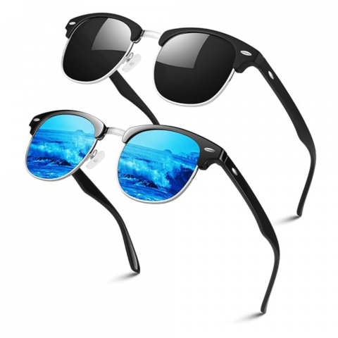 Genți și Accesorii Femei - Set 2 perechi Ochelari de soare polarizati, LINVO, model semi-rimless pentru barbati si femei, stil retro clasic cu protectie UV 400, lentila albastra si lentila neagra